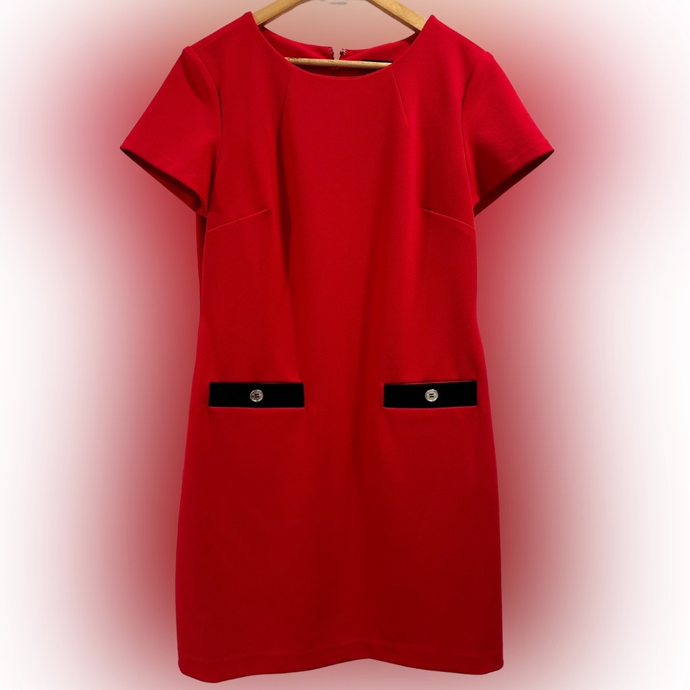 Tommy Hilfiger Short Sleeve Crepe Pocket Detail Shift Dress SIZE 8 Red/Black